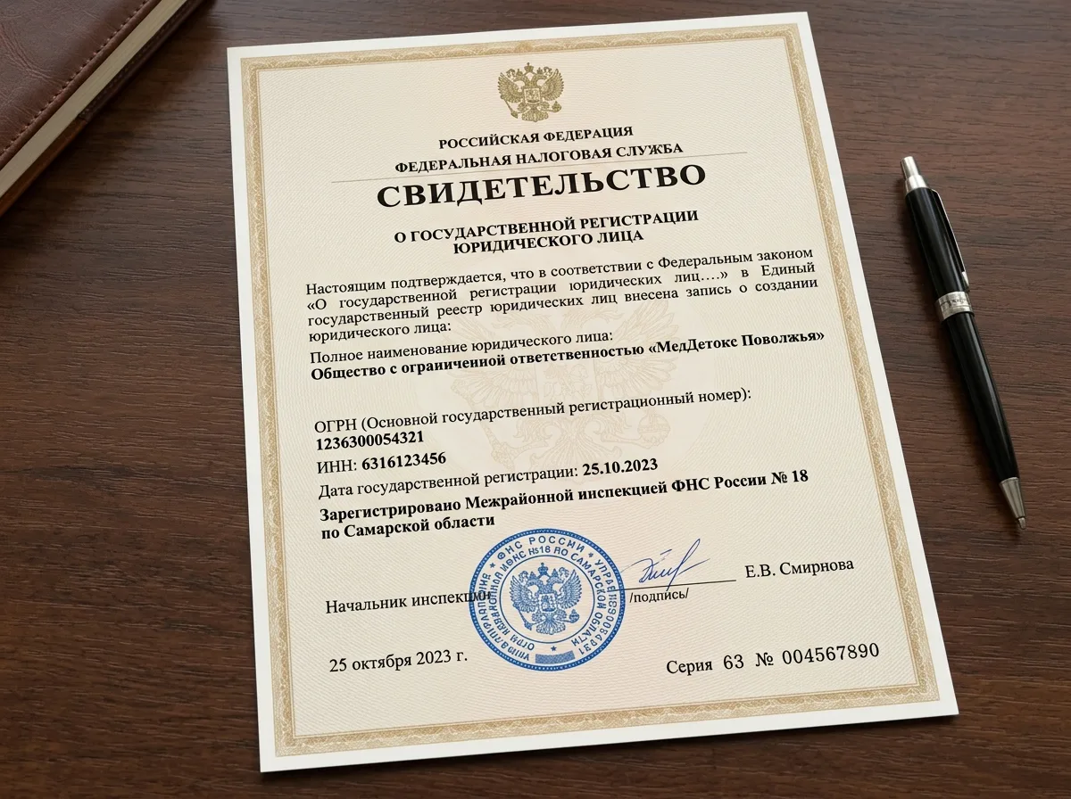 Свидетельство о государственной регистрации юридического лица ООО МедДетокс Поволжья — документ с гербовой печатью и реквизитами ОГРН